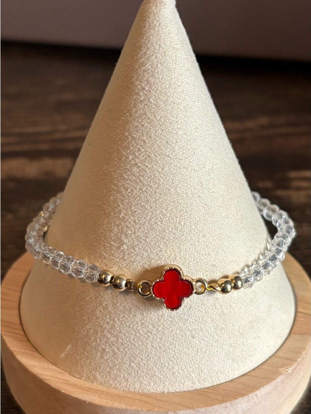 Gold Bead & Red Clover Charm Bracelet
